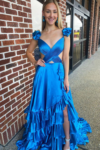 Blue V Neck Ruffle Satin A-Line Long Prom Dresses with Slit VK24041502