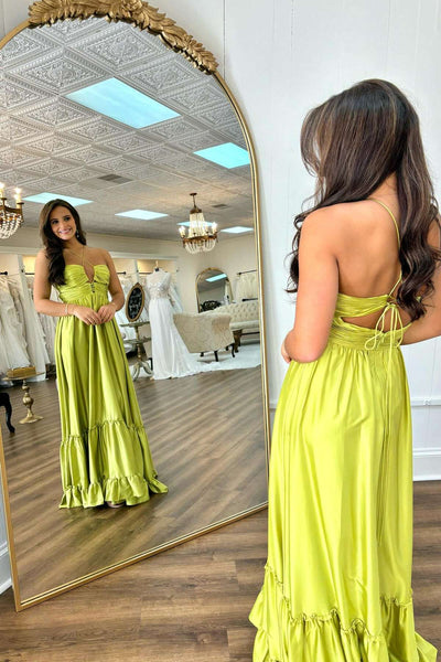 Cute A Line Straps V Neck Ruffled Satin Long Prom Dress