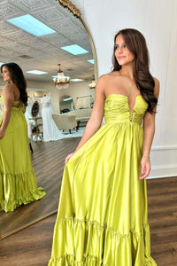 Cute A Line Straps V Neck Ruffled Satin Long Prom Dress