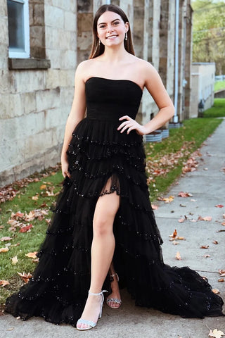 Cute A Line Strapless Black Tiered Tulle Long Prom Dresses with Slit VK24101915