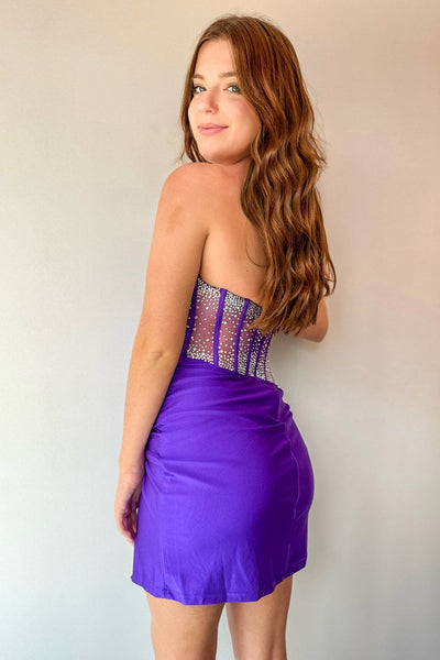 Cute Bodycon Purple Satin Short Homecoming Dresses with Slit