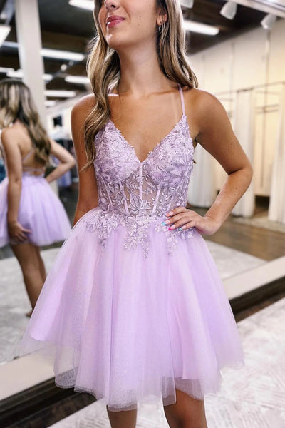 Cute Light Pink A-Line Tulle Short Homecoming Dress with Lace VK23072901