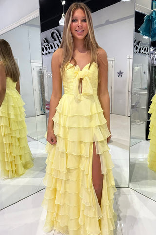 Cute A Line Sweetheart KeyHole Yellow Chiffon Long Prom Dress with Bow VK25010305