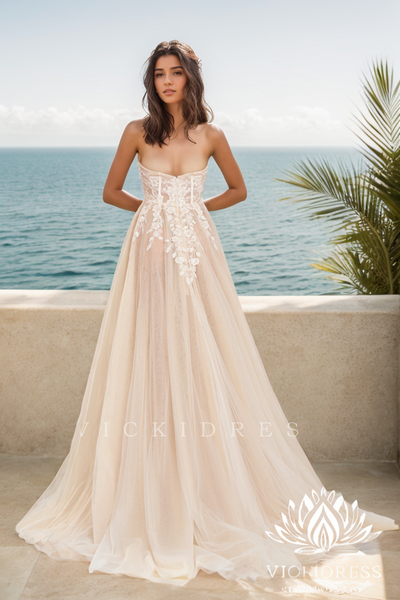 A Line Sweetheart Champagne Tulle Wedding Dresses VK073185