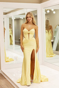 Cute Mermaid Sweetheart Yellow Satin Slit Prom Dresses with Beading VK13120906