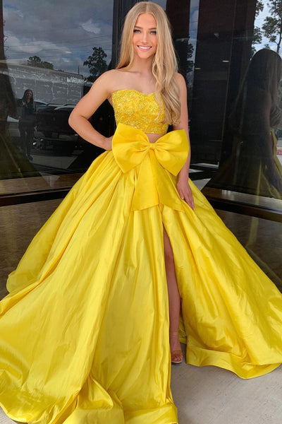 Yellow Strapless Two Piece Satin Long Prom Dresses with Bow VK24030802