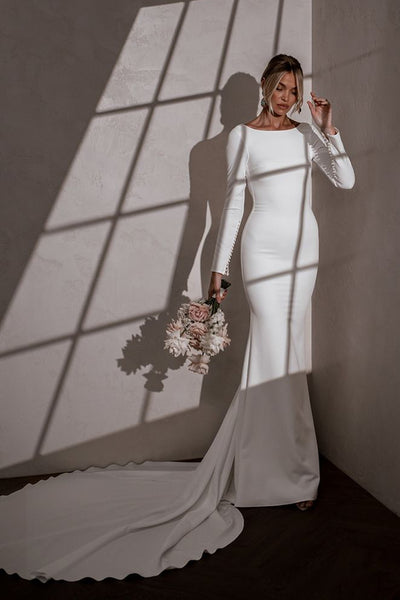 Elegant Mermaid Boat Neck Open Back Long Wedding Dresses with Peals VK24101003