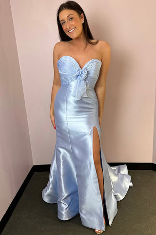 Mermaid Strapless Light Blue Satin Long Prom Dresses with Slit VK021409