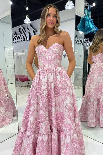 Ball Gown Sweetheart Jacquard Satin Long Prom Dress with Pockets VK25010605