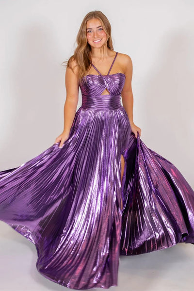 Charming A Line Staps Sparkly Satin Long Prom Dresses with Slit VK24102501