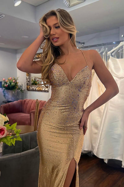 Sexy Mermaid V Neck Gold Satin Slit Prom Dress with Hot Stone VK121406