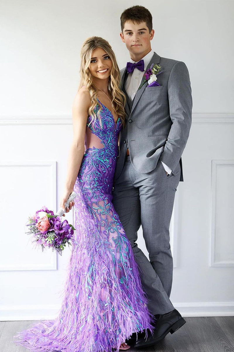 Purple Sequins V Neck Mermaid Long Prom Dresses with Feather VK24060201