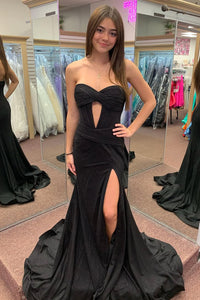 Cute Mermaid Keyhole Black Satin Slit Long Prom Dress VK1361706