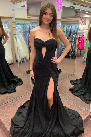 Cute Mermaid Keyhole Black Satin Slit Long Prom Dress VK1361706