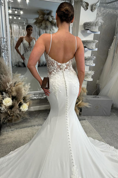 Elegant Mermaid V Neck Elastic Satin Long Wedding Dresses with Appliques VK24101504