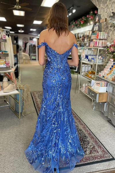 Charming Mermaid Off the Shoulder Blue Sequins Lace Slit Prom Dress