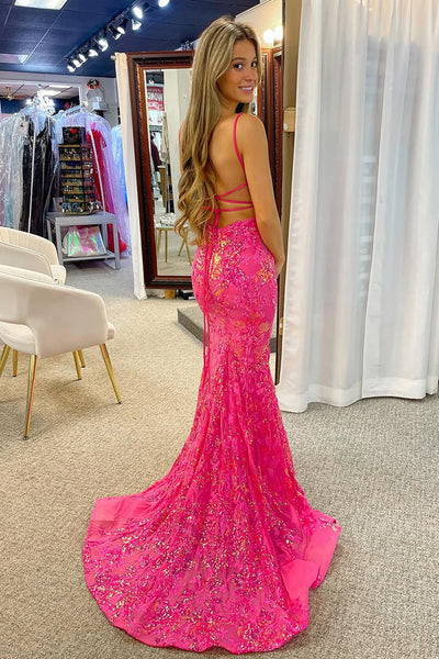 Sparkly Mermaid V Neck Hot Pink Sequins Lace Long Prom Dress VK25010604