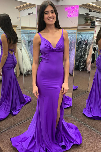 Charming Mermaid V Neck Purple Satin Slit Prom Dress Evening Party Dress VK1361904