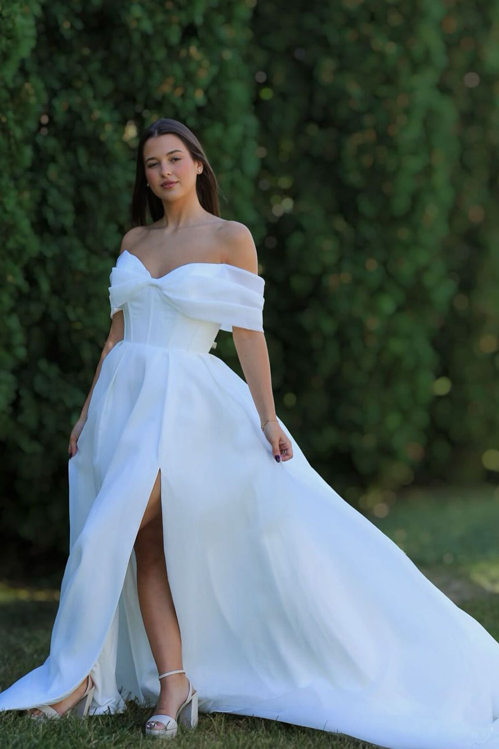 Boho A Line Off the Shoulder Organza Satin Slit Wedding Dresses