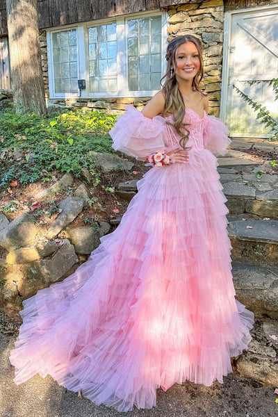 Cute A Line Sweetheart Pink Tiered Tulle Prom Dress with Slit VK24101404