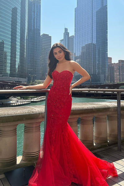 Charming Mermaid Sweetheart Red Lace Long Prom Dresses VK24100701