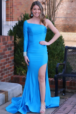 Fashion Mermaid One-Sleeve Blue Satin Prom Dresses with Slit