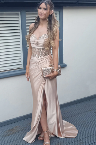 Elegant Mermaid Sweetheart Rose Gold Prom Dress with Slit and Beading