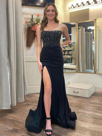 Fashion Mermaid Strapless Black Satin Slit Prom Dresses With Beading