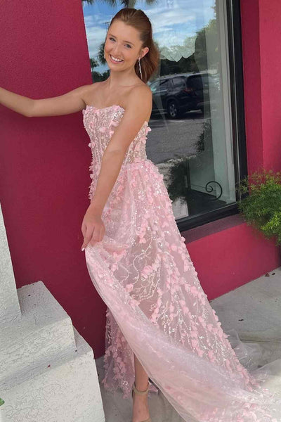 Cute Sheath Pink Strapless Floral Lace Long Prom Dresses with Slit