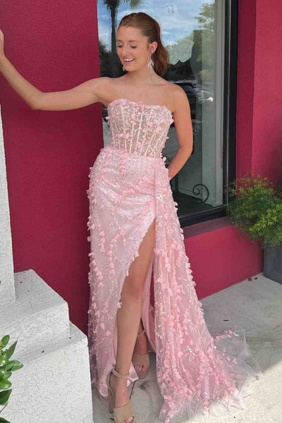 Cute Sheath Pink Strapless Floral Lace Long Prom Dresses with Slit