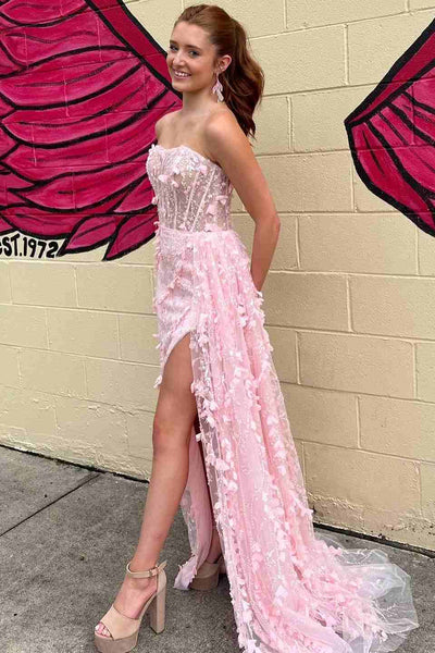 Cute Sheath Pink Strapless Floral Lace Long Prom Dresses with Slit