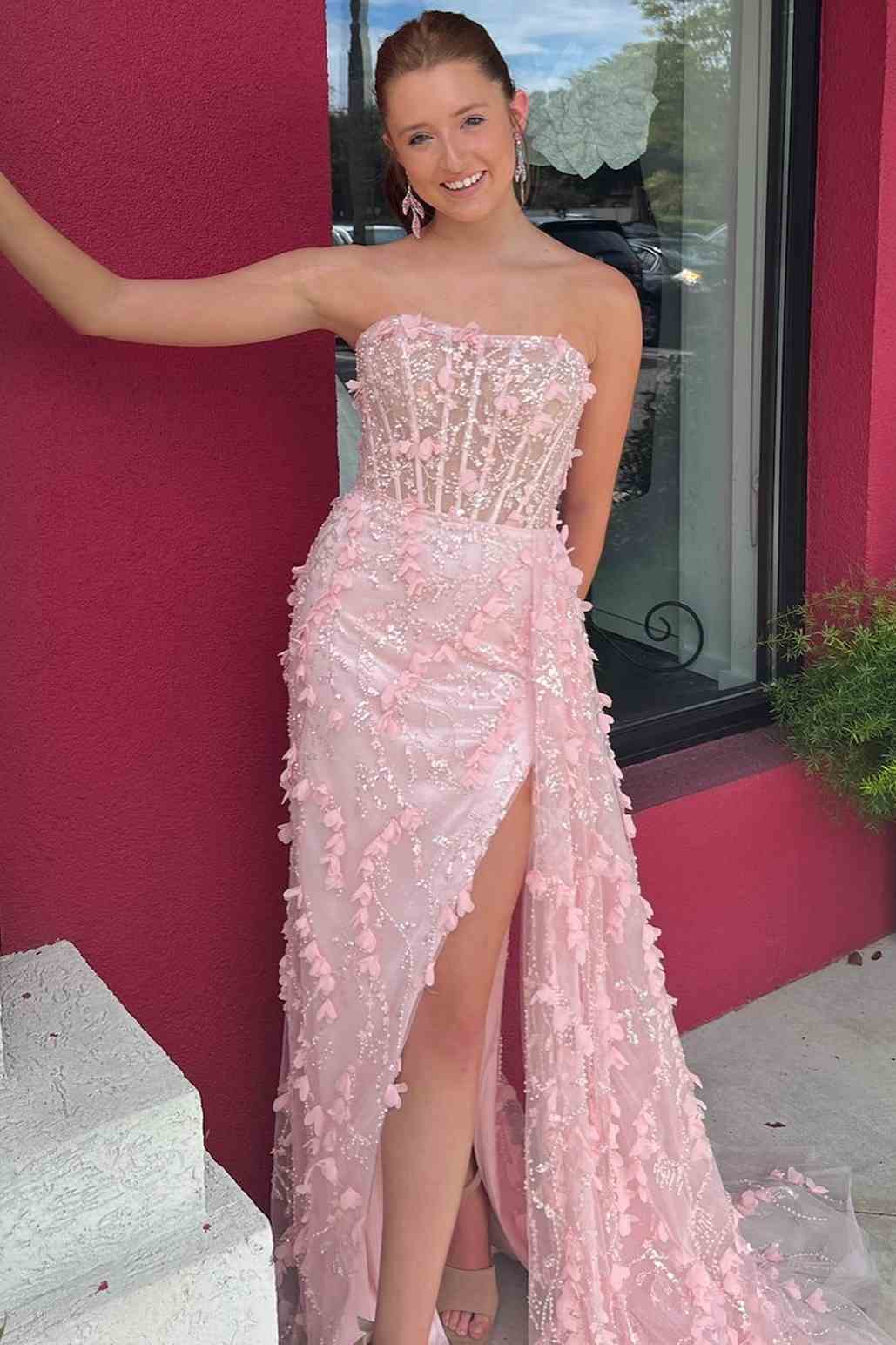 Cute Sheath Pink Strapless Floral Lace Long Prom Dresses with Slit