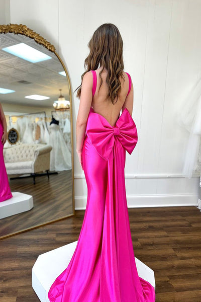 Cute Mermaid Fuchsia Satin Long Prom Dresses with Big Bow VK24102909