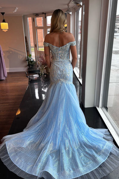 Cute Mermaid Off the Shoulder Light Blue Lace Prom Dress with Appliques VK24120217