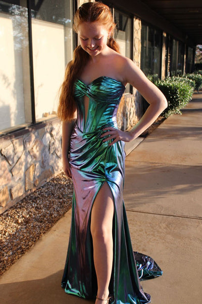 Charming Mermaid Sweetheart Keyhole Metallic Satin Slit Prom Dress VK130610