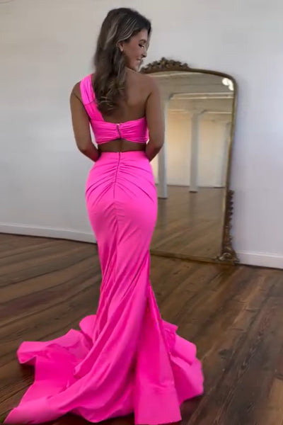 Charming Mermaid One Shoulder Pink Pleated Prom Dresses with Slit VK24102019