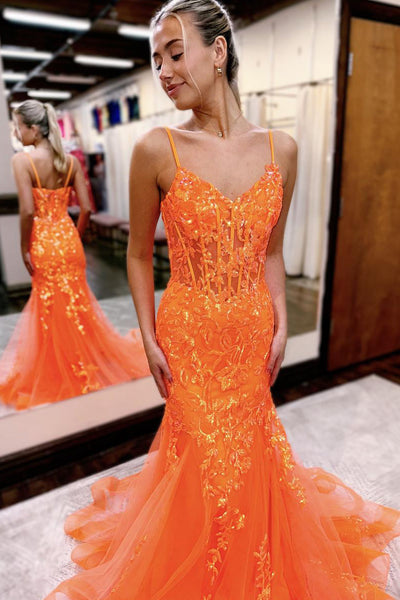 Cute Mermaid V Neck Straps Orange Sequins with Tulle Long Prom Dresses