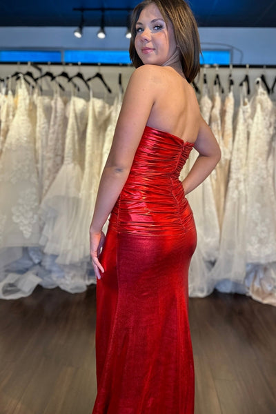 Fashion Mermaid Strapless Red Sparky Satin Slit Prom Dresses VK13120902