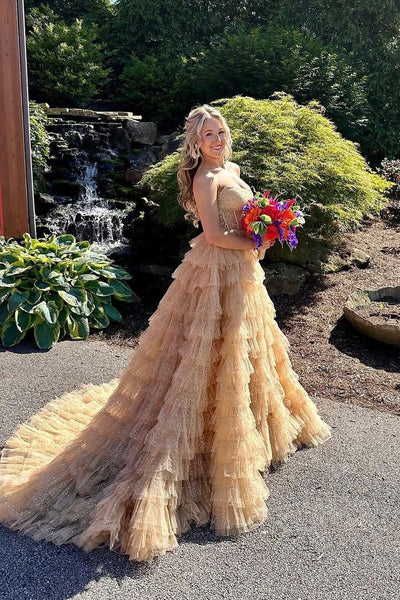 Elegant Ball Gown Strapless Gold Ruffle Tiered Tulle Long Prom Dresses VK24053001