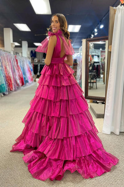 Cute A Line V Neck Fuchsia Organza Tiered Long Prom Dress with Slit VK1361903