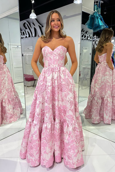 Ball Gown Sweetheart Jacquard Satin Long Prom Dress with Pockets VK25010605