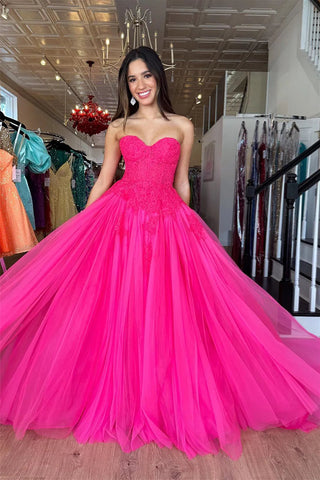 A Line Strapless Hot Pink Tulle Prom Dress with Appliques VK24122618