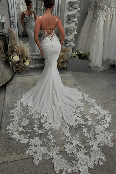 Elegant Mermaid V Neck Elastic Satin Long Wedding Dresses with Appliques VK24101505