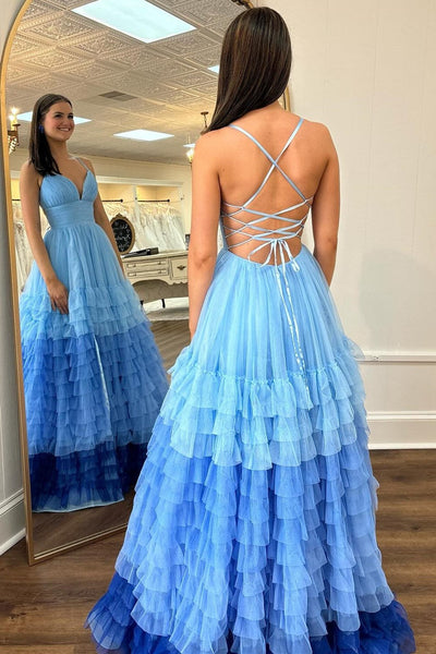 Fairy A Line V Neck Colorful Tulle Prom Dresses with Slit VK24102303