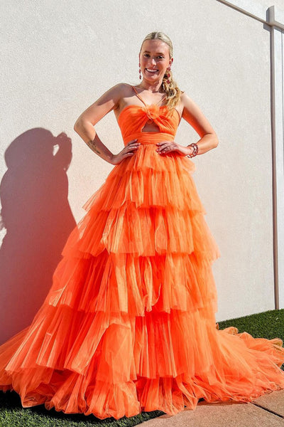 Cute Ball Gown Straps Orange Tiered Tulle Prom Dresses VK24102212