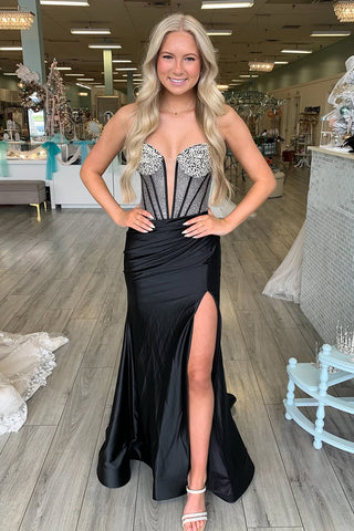 Elegant Mermaid Sweetheart Black Satin Long Prom Dress with Beading VK25010205