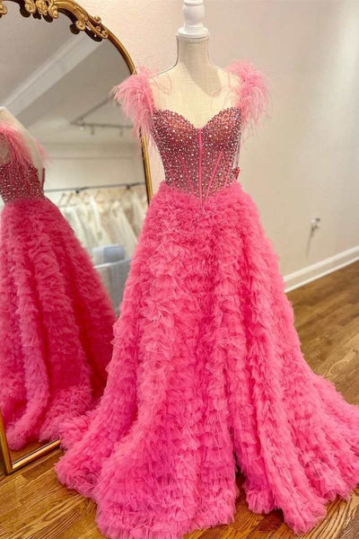 Hot Pink Beaded Feather Off-the-Shoulder Tiered Long Prom Dress with Slit VK23120603