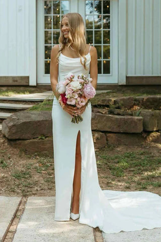 Simple Sheath Cowl Neck Silk Satin Long Wedding Dresses with Slit