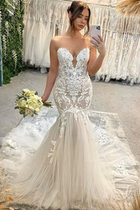 Charming Mermaid Sweetheart Tulle Wedding Dresses with Appliques VK073158