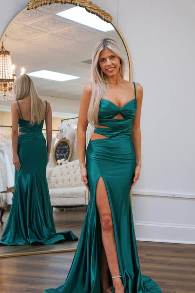 Charming Mermaid Sweetheart Green Satin Long Slit Prom Dress VK24120408